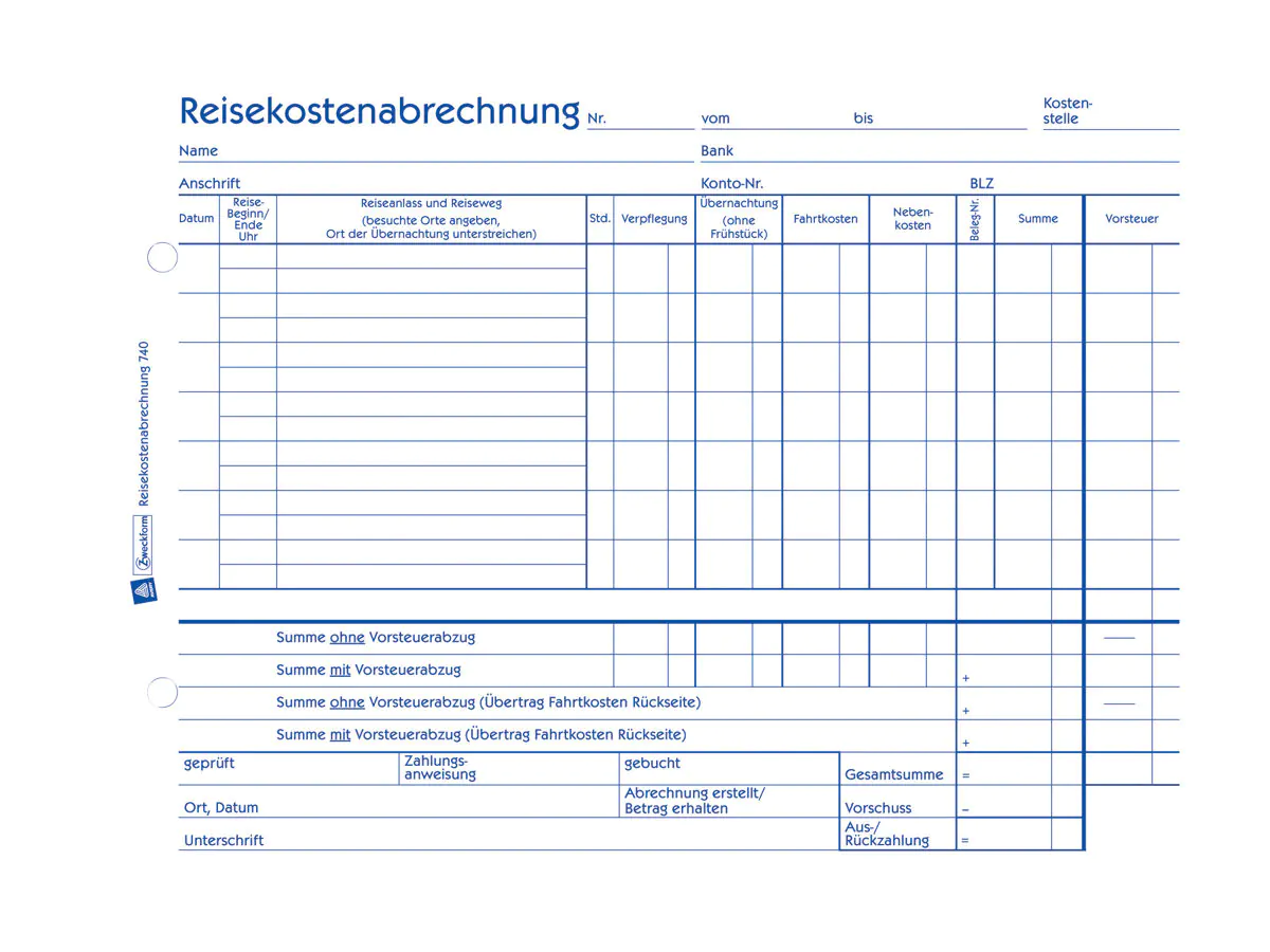 Avery Zweckform Formular für wöchentliche Reisekosten - 50 Blatt - A5 (148 x 210 mm) 740