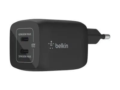 Belkin BoostCharge Pro - Netzteil - PPS Technology - 65 Watt - 3.25 A - PD 3.0, Fast Charge - 2 Ausgabeanschlussstellen (24 pin USB-C) - Schwarz