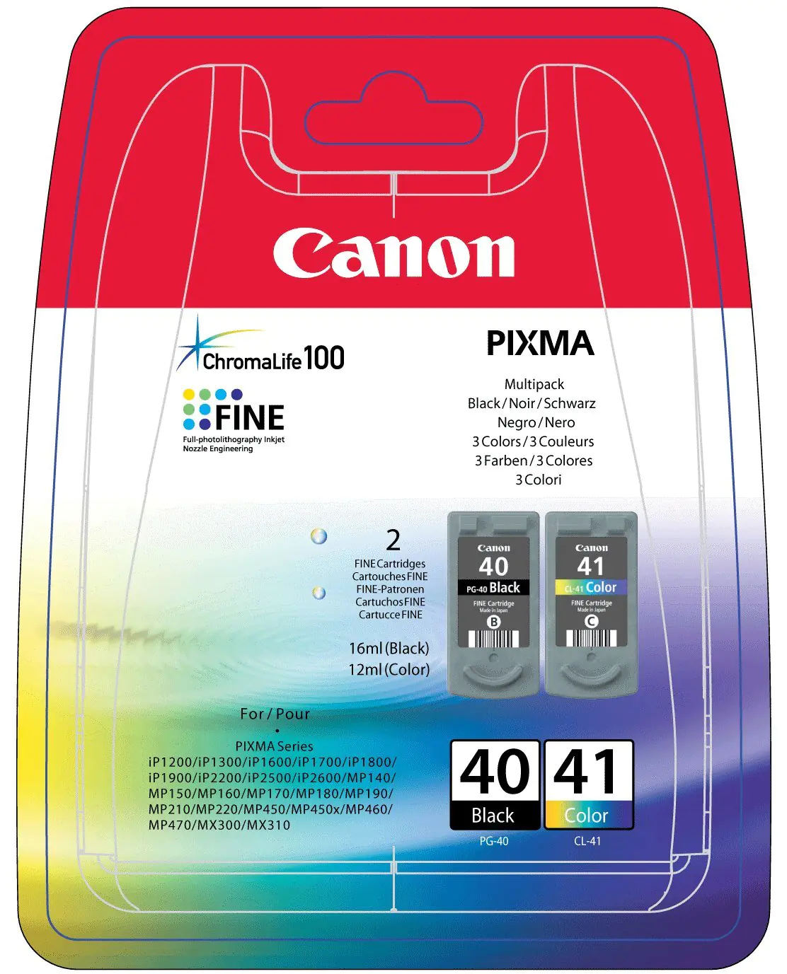 Canon PG-40 / CL-41 Multi Pack - 2er-Pack - Schwarz, Farbe (Cyan, Magenta, Gelb) - Original - Tintenbehälter - für PIXMA iP1800, iP1900, iP2500, iP2600, MP140, MP190, MP210, MP220, MP470, MX300, MX310 Canon PG-40 / CL-41 Multi Pack - 2er-Pack - Schwarz, Farbe (Cyan, Magenta, Gelb) - Original - Tintenbehälter - für PIXMA iP1800, iP1900, iP2500, iP2600, MP140, MP190, MP210, MP220, MP470, MX300, MX310