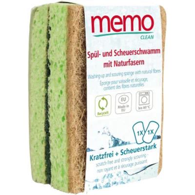 memo Reinigungsschwamm 6,5 x 1,8 x 9,8 cm (B x H x T) Zellulose/Agave/Recycling-PET Fasern/Mineralkörner hellgrün/beige 2 St./Pack.