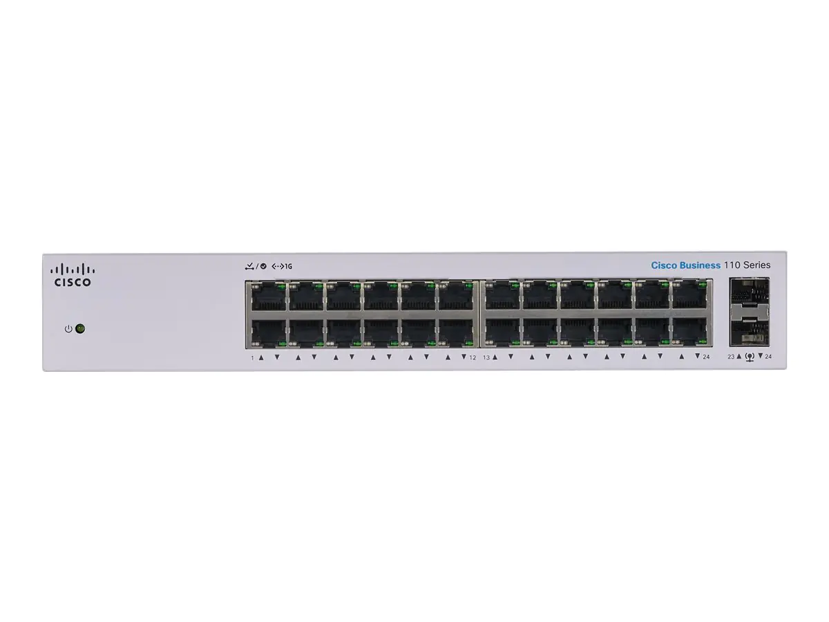 Cisco Business 110 Series 110-24T - Switch - unmanaged - 24 x 10/100/1000 + 2 x Kombi-Gigabit-SFP - an Rack montierbar, Desktop, wandmontierbar