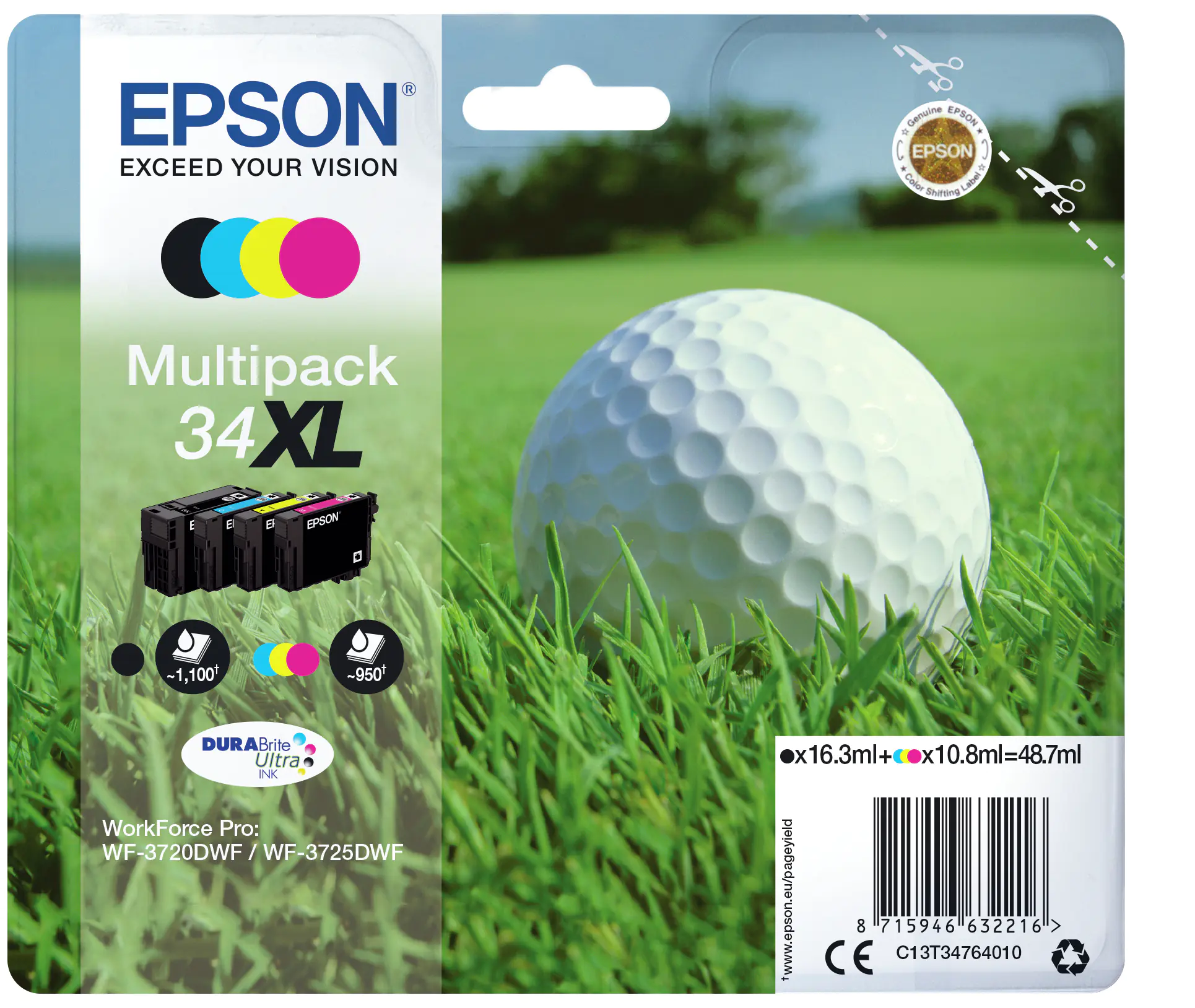 Epson 34XL - 4er-Pack - XL - Schwarz, Gelb, Cyan, Magenta - Original - Blisterverpackung - Tintenpatrone - für WorkForce Pro WF-3720, WF-3720DWF, WF-3725DWF Epson 34XL - 4er-Pack - XL - Schwarz, Gelb, Cyan, Magenta - Original - Blisterverpackung - Tintenpatrone - für WorkForce Pro WF-3720, WF-3720DWF, WF-3725DWF
