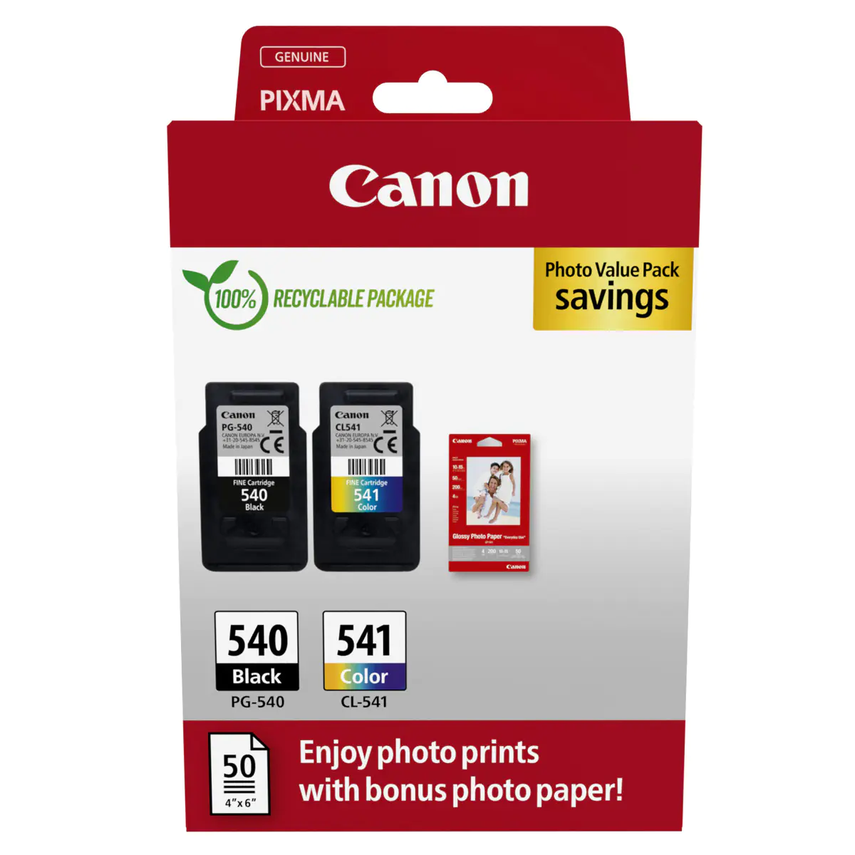 Canon PG-540/CL-541 Photo Paper Value Pack - 2er-Pack - Schwarz, Farbe (Cyan, Magenta, Gelb) - original - Hängebox - Tintenpatrone / Papierkit - für PIXMA MG3250, MG3550, MG3650, MG4250, MX395, MX455, MX475, MX525, MX535, TS5150, TS5151