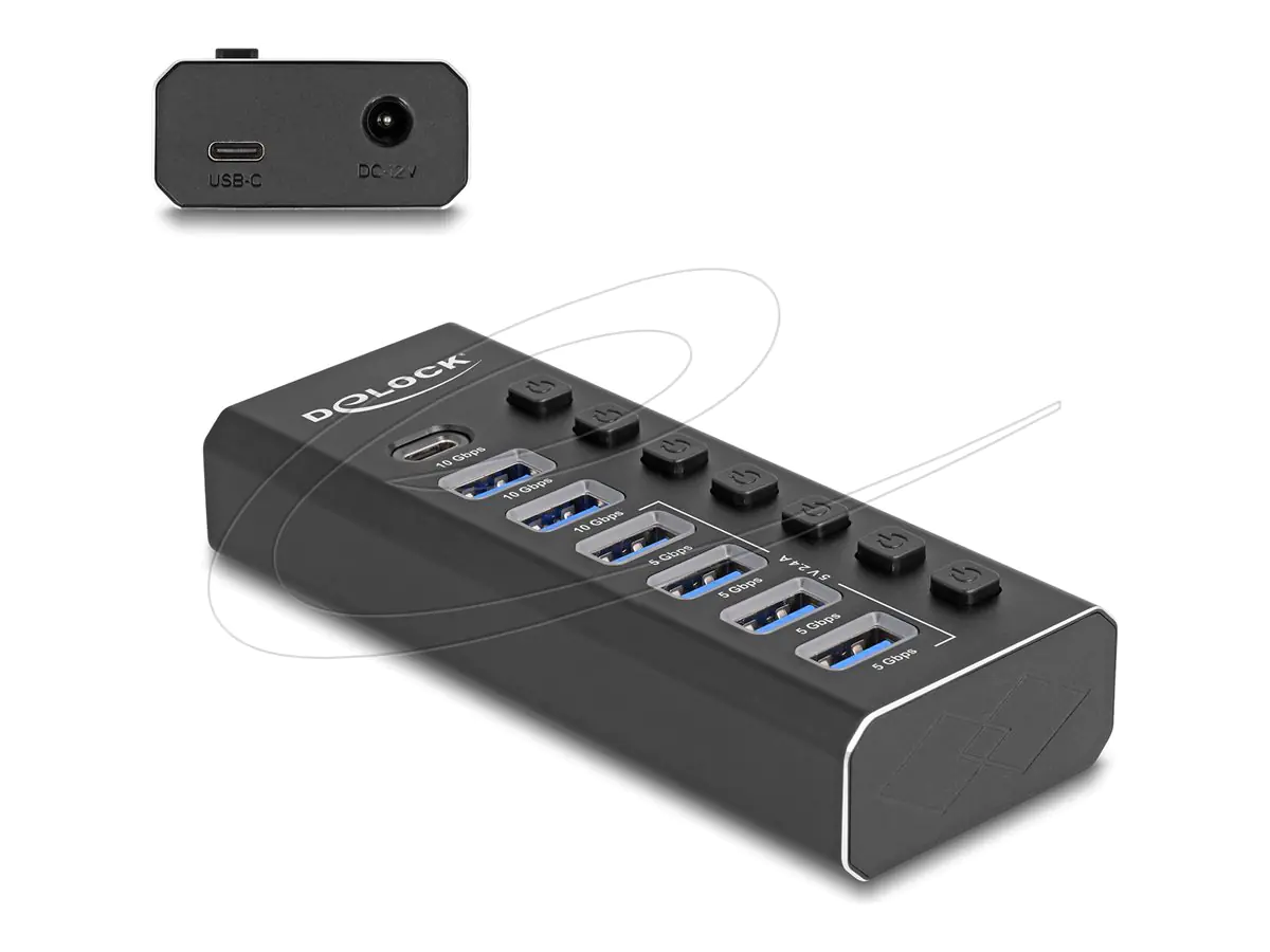 Delock - Hub - 10 Gbps, 4 Fast Charging Ports with switch and illumination - 1 x USB-C 3.2 Gen 2 + 2 x USB 3.2 Gen 2 + 4 x USB 3.2 Gen 1 - Desktop