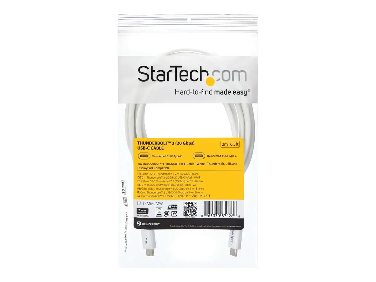 StarTech Thunderbolt 3 Kabel - 20Gbit/s - 2m - Weiß - 4K 60Hz - Passiv - Thunderbolt Kabel - USB Typ C Lader - Thunderbolt-Kabel - USB-C (M) bis USB-C (M) - USB 3.1 Gen 2 / Thunderbolt 3 / DisplayPort 1.2 - 2 m - 4K Unterstützung - weiß - für P/N: CDP2HDU