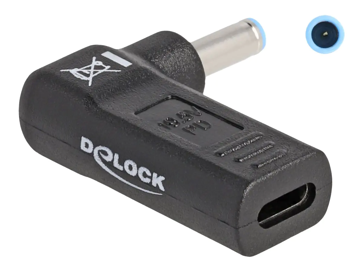 Delock - Netzteil - 24 pin USB-C (W) zu Gleichstromstecker 4,5 x 3,0 mm (M) - 19.5 V - 3 A - gewinkelt - Schwarz