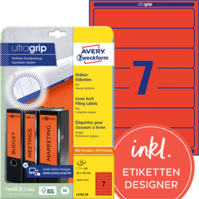 Avery Zweckform Ordneretikett L4762-20 38x192mm rt 140 St./Pack.