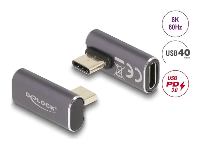 Delock - USB-Adapter - 24 pin USB-C (M) links gewinkelt zu 24 pin USB-C (W) - USB 3.2 Gen 2 / DisplayPort 1.4 /Thunderbolt 3 - 20 V - 5 A - unterstützt Power Delivery 3.0, Schnellladen bis 100 W, bis zu 40 Gbps Datentransferrate, Support von 8K 60 Hz - An