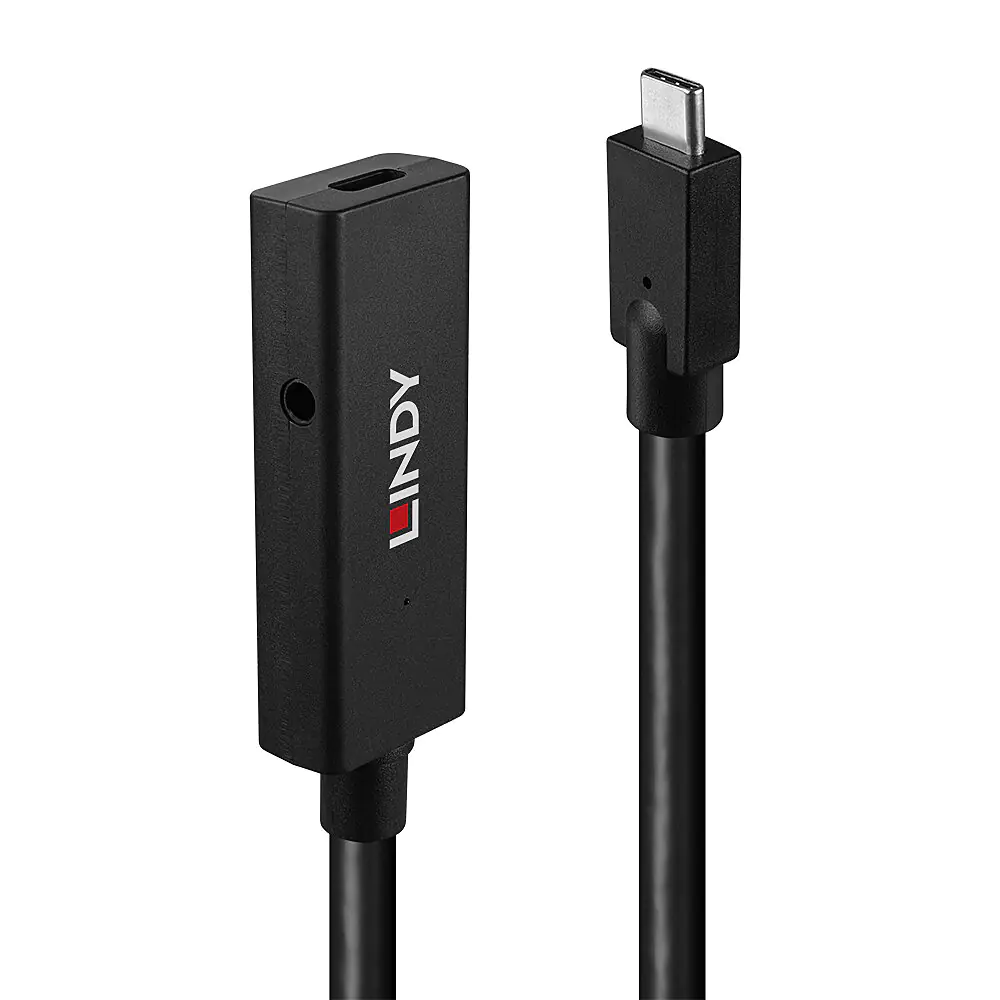 Lindy - USB-Verlängerungskabel - 24 pin USB-C (M) zu Gleichstromstecker 3,5 mm, 24 pin USB-C (W) - USB 3.2 Gen 2 - 5 m - aktiv - Schwarz