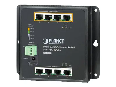 PLANET WGS-804HP - Switch - unmanaged - 4 x 10/100/1000 (PoE+) + 4 x 10/100/1000 - an DIN-Schiene montierbar, wandmontierbar - PoE+ (120 W) - Gleichstrom