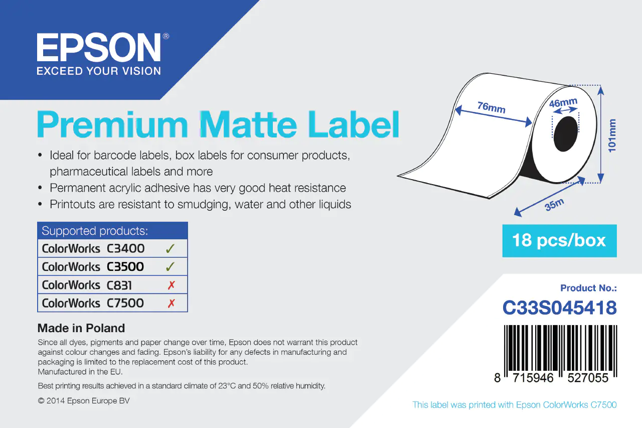 Epson Etiketten-Endlospapier weiß matt 7,6cm x 35m C33S045418 1 Rolle