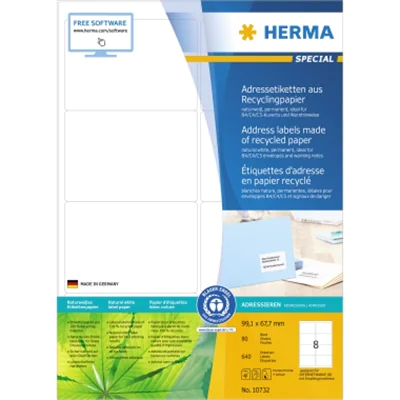 HERMA Universaletikett Recycling 99,1 x 67,7 mm (B x H) nicht wieder ablösbar Papier, 100 % recycelt naturweiß 640 Etik./Pack. HERMA Universaletikett Recycling 99,1 x 67,7 mm (B x H) nicht wieder ablösbar Papier, 100 % recycelt naturweiß 640 Etik./Pack.