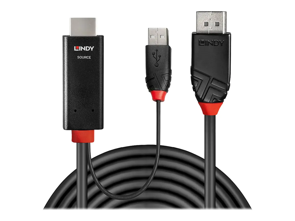Lindy - Adapterkabel - HDMI, USB (nur Strom) männlich zu DisplayPort männlich - 3 m - abgeschirmt - Schwarz - rund, aktiv, Support von 4K 60 Hz