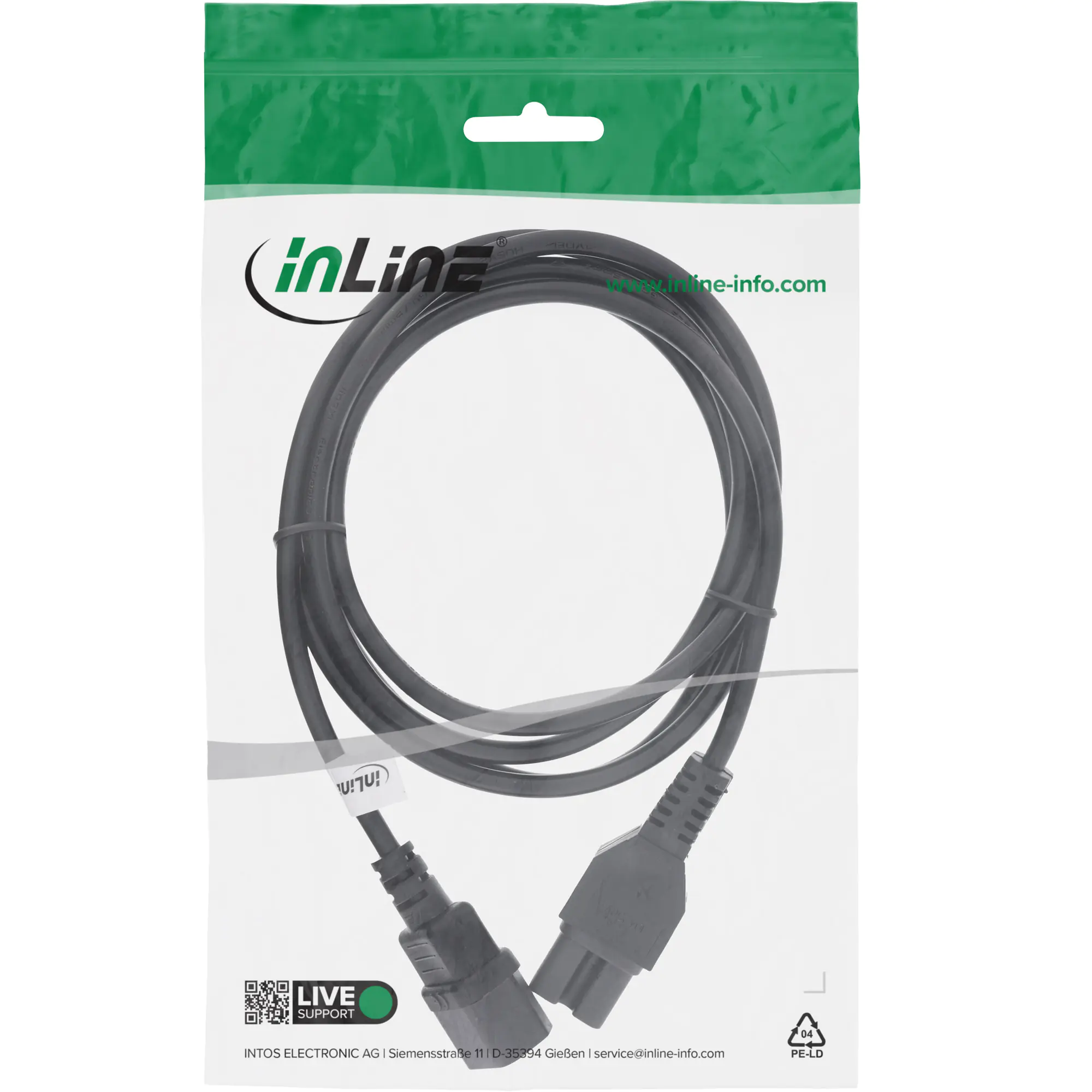 InLine - Spannungsversorgungs-Verlängerungskabel - IEC 60320 C14 gerade zu IEC 60320 C15 gerade - 50 cm - Schwarz