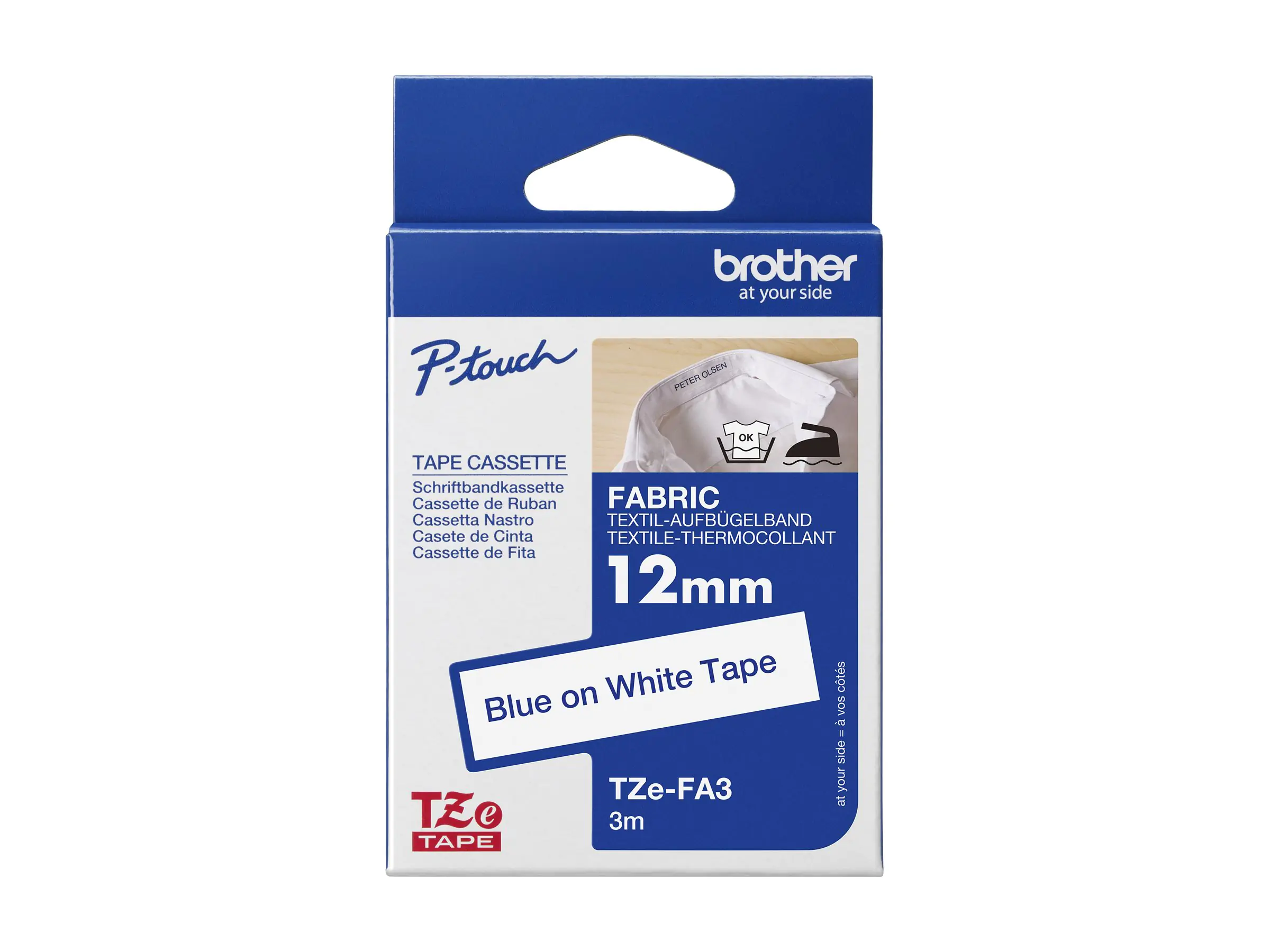 Brother TZe-FA3 - Gewebe - Klebstoff - blau auf weiß - Rolle (1,2 cm x 3 m) TZEFA3