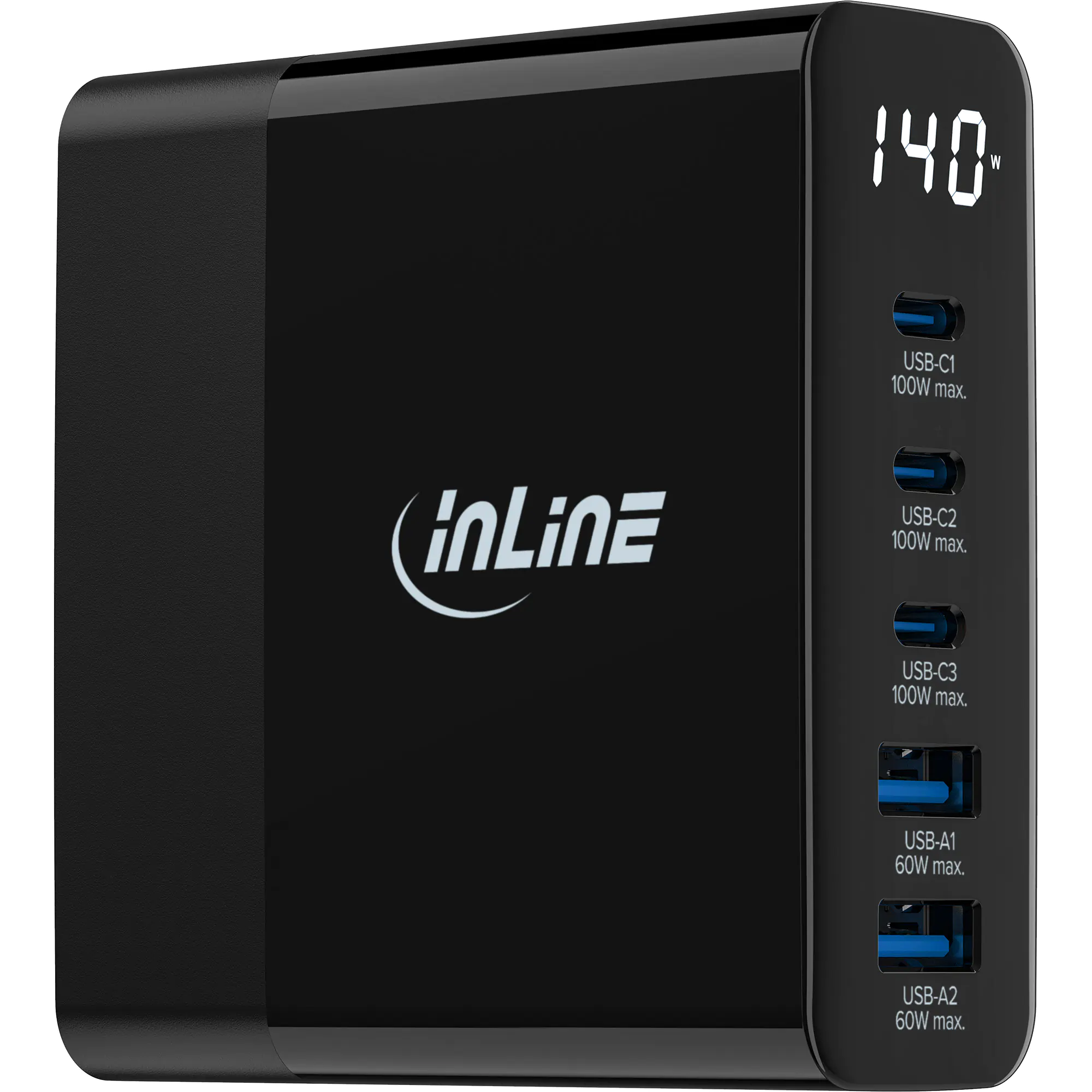 InLine - Netzteil - GaN mit Anzeige - 140 Watt - PD 3.0, Quick Charge 3.0 - 5 Ausgabeanschlussstellen (2 x USB, 3 x USB-C) - Schwarz - Europa