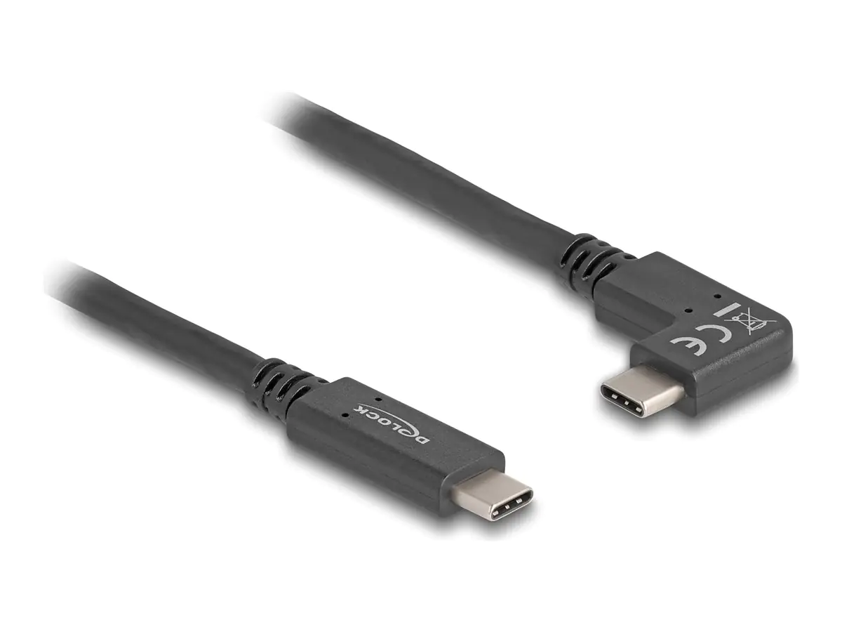 Delock - USB-Kabel - 24 pin USB-C (M) zu 24 pin USB-C (M) gewinkelt - USB 3.2 Gen 2 - 3 A - 1 m - USB Power Delivery (60W), unterstützt 4K 144 Hz (3840 x 2160), bis zu 10 Gbps Datentransferrate, DP Alt Modus-Support, E-marker - Schwarz