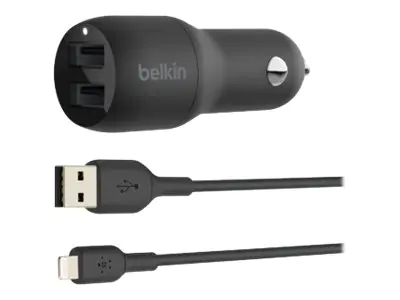 Belkin BoostCharge Dual Charger - Auto-Netzteil - 24 Watt - 4.8 A - 2 Ausgabeanschlussstellen (USB) - auf Kabel: USB-C - Schwarz Belkin BoostCharge Dual Charger - Auto-Netzteil - 24 Watt - 4.8 A - 2 Ausgabeanschlussstellen (USB) - auf Kabel: USB-C - Schwarz