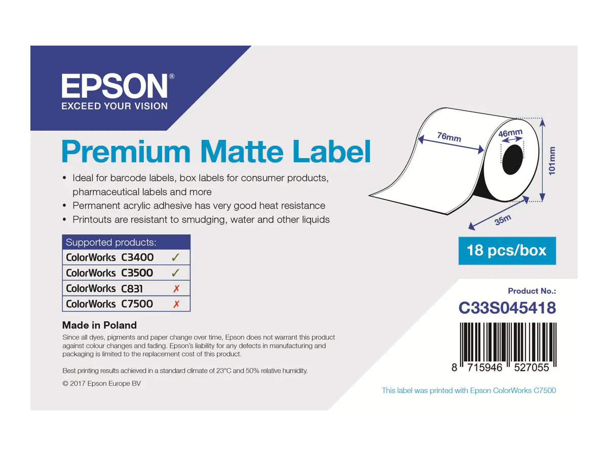 Epson Premium - Matt - Rolle (7,6 cm x 35 m) 1 Rolle(n) Etiketten-Endlospapier - für Epson TM-C3400-LT; ColorWorks CW-C4000E (BK) C33S045418