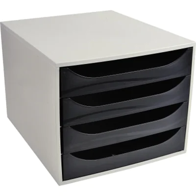 Exacompta Schubladenbox ECOBOX 4 Schubladen DIN A4, Überbreite Polystyrol Gehäusefarbe: grau Farbe der Schublade: schwarz Exacompta Schubladenbox ECOBOX 4 Schubladen DIN A4, Überbreite Polystyrol Gehäusefarbe: grau Farbe der Schublade: schwarz