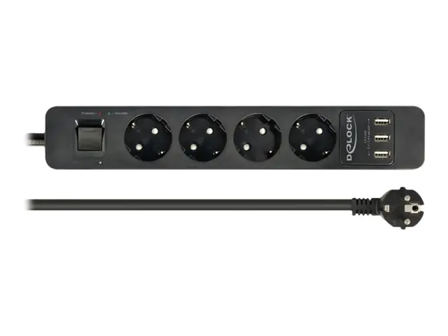 Delock Extension Socket - Steckdosenleiste - Wechselstrom 250 V - 4000 Watt - Eingabe, Eingang power CEE 7/7 - Ausgangsanschlüsse: 4 (3 x USB Typ A, 4 x CEE 7/3) - 1.5 m Schnur - Schwarz
