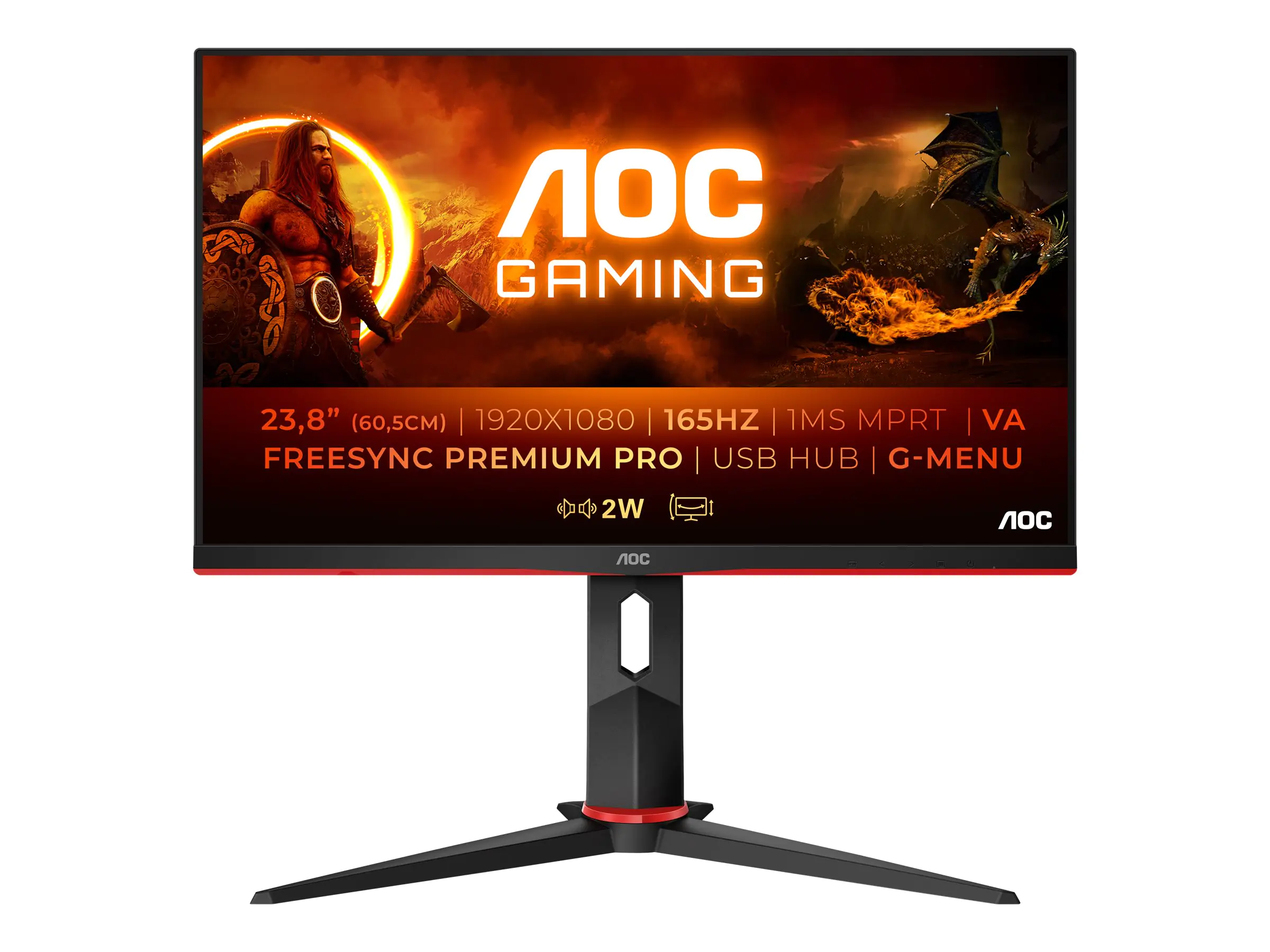 AOC Gaming 24G2SPU/BK - G2 Series - LED-Monitor - Gaming - 60.5 cm (23.8") - 1920 x 1080 Full HD (1080p) @ 165 Hz - IPS - 300 cd/m² - 1000:1 - 4 ms - 2xHDMI, VGA, DisplayPort - Lautsprecher - Schwarz, Rot