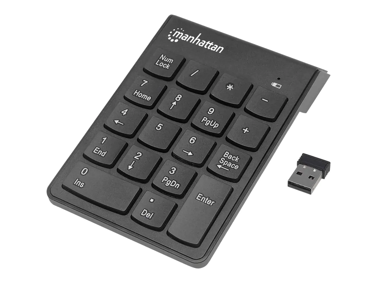 Manhattan Numeric Keypad, Wireless (2.4GHz), USB-A Micro Receiver, 18 Full Size Keys, Black, Membrane Key Switches, Auto Power Management, Range 10m, AAA Battery (included), Windows and Mac, Three Year Warranty, Blister - Tastenfeld - kabellos - 2.4 GHz -