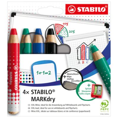 STABILO MARKdry, 4 Stück(e), Schwarz, Blau, Grün, Rot, Mehrfarbig, Rund, Holz, 1 cm 648/4