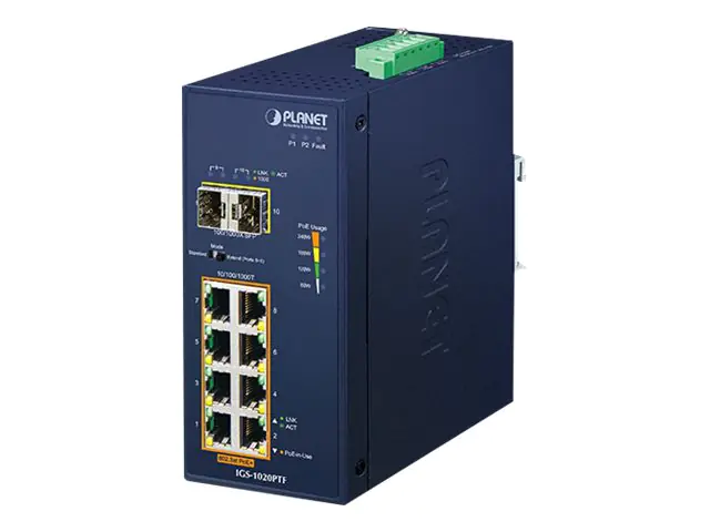 PLANET IGS-1020PTF - Switch - unmanaged - 8 x 10/100/1000 (PoE+) + 2 x Gigabit SFP - an DIN-Schiene montierbar, wandmontierbar - PoE+ (240 W) - Gleichstrom