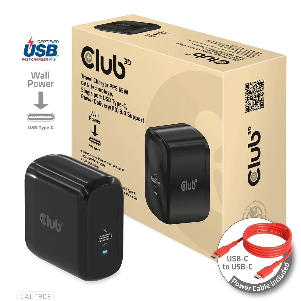 Club 3D Reiseladegerät 1xUSB Typ C PD 65W retail