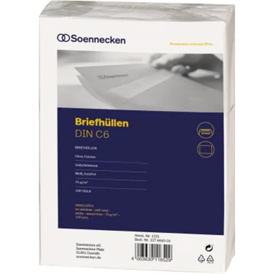 Soennecken Briefhülle 1321 C6 75g oF sk hf weiß 100 St./Pack. Soennecken Briefhülle 1321 C6 75g oF sk hf weiß 100 St./Pack.