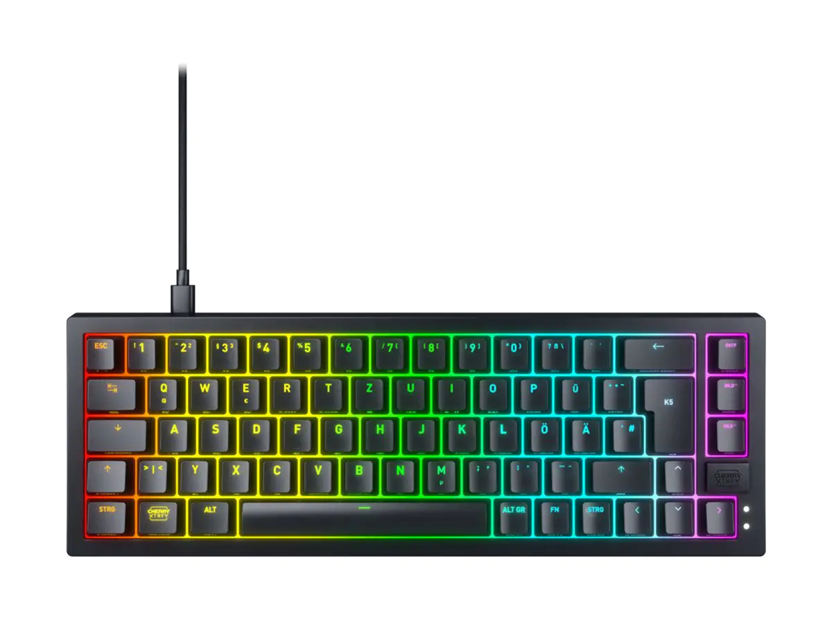 CHERRY XTRFY K5V2 - Tastatur - 65% - compact - hintergrundbeleuchtet - USB - QWERTZ - Deutsch - Tastenschalter: CHERRY MX2A Red - Schwarz