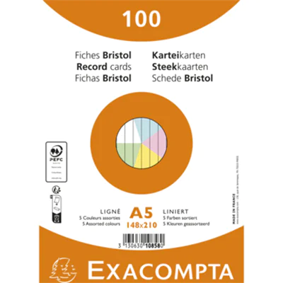 Exacompta Karteikarte DIN A5 liniert je 20 x blau, gelb, grün, rosa, weiß 100 St./Pack.