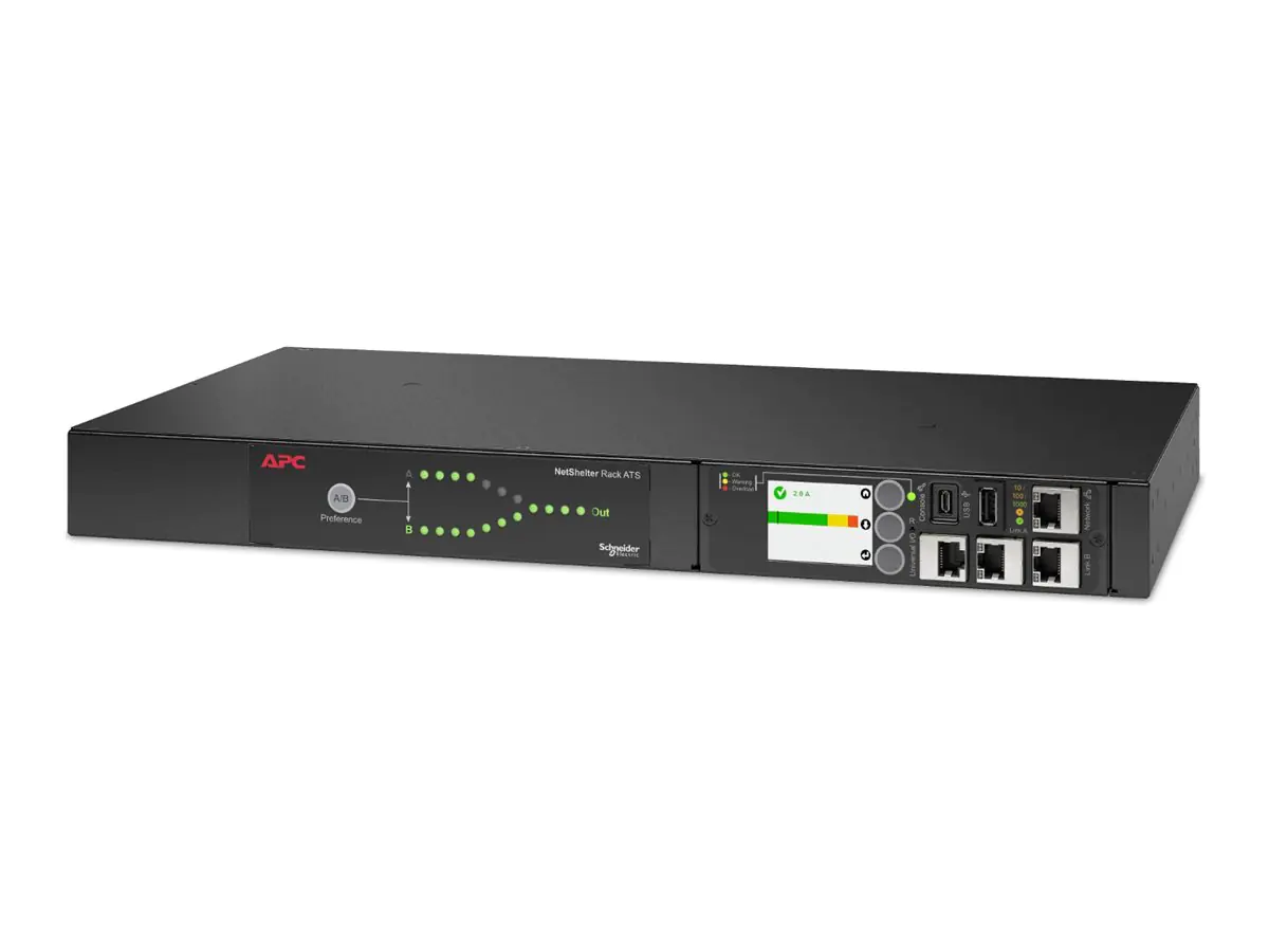 APC NetShelter - Automatisches Netzumschaltgerät (Rack - einbaufähig) - Wechselstrom 208 V - 3300 VA - 1-phasig - USB, Ethernet 10/100/1000 - Eingabe, Eingang IEC 60320 C20 16A - Ausgangsanschlüsse: 9 (IEC 60320 C19 16A, 8 x Stecker IEC 60320 C13 12A) - 1