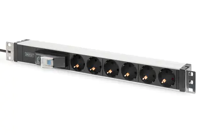 DIGITUS DN-95417 - Steckdosenleiste (Rack - einbaufähig) - Wechselstrom 250 V - 4000 Watt - Eingabe, Eingang Stromversorgung - Ausgangsanschlüsse: 6 - 1U - 48.3 cm (19") - 1.8 m Schnur - Schwarz, Silber, RAL 9005