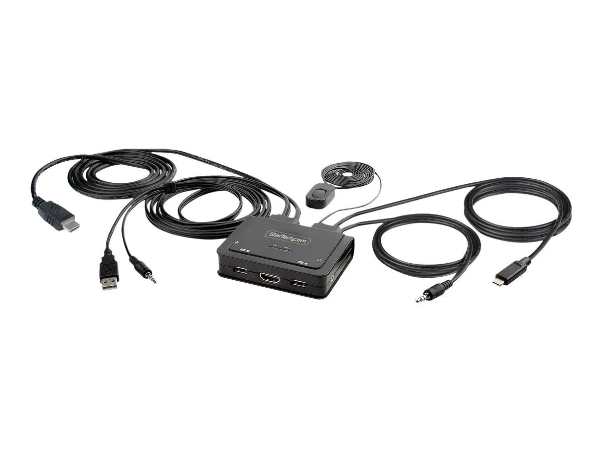 StarTech 2-Port Hybrid USB-C HDMI Cable KVM Switch, 4K 60Hz, Compact KVM with 6ft/1.8m USB-A/HDMI/Audio & 4ft/1.2m USB-C Integrated Host Cables, Bus Powered - Remote Push Button/Hotkey Switching (C2-H46-UAC-CBL-KVM) - KVM-/Audio-/USB-Switch - kompakt - 2