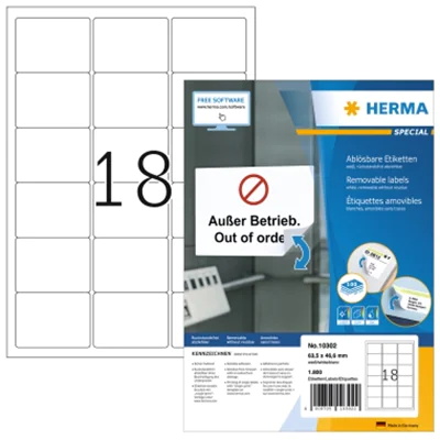 HERMA Haftetikett 10302 63,5x46,6 mm weiß 1.800 St./Pack. HERMA Haftetikett 10302 63,5x46,6 mm weiß 1.800 St./Pack.