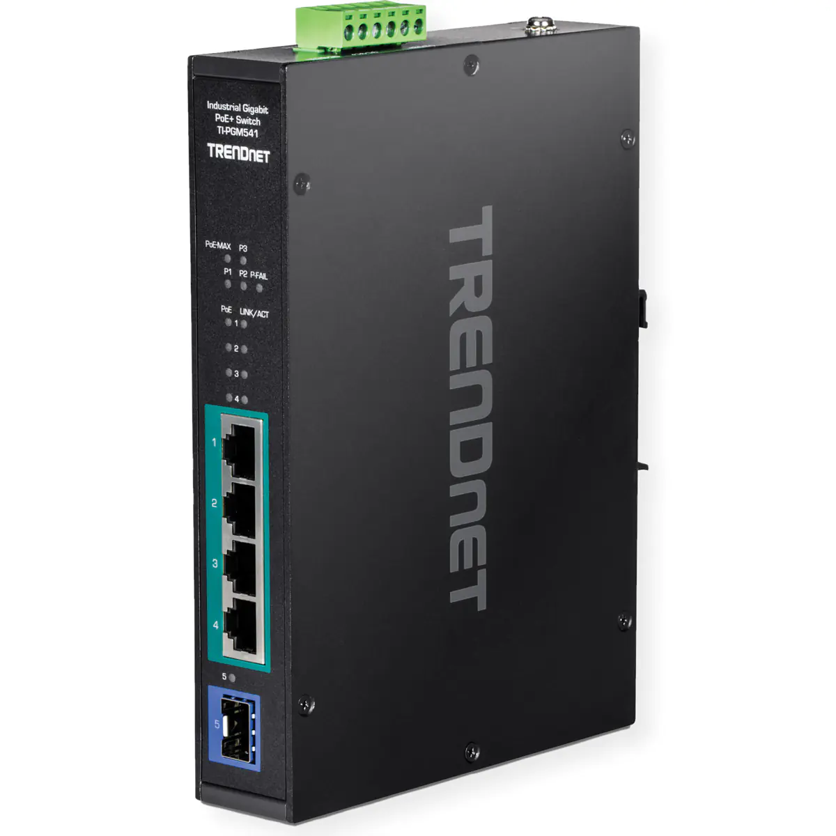 TRENDnet TI-PGM541 - Switch - -20 °C - 65 °C (-4 °F - 149 °F) - 4 x 10/100/1000 (PoE+) + 1 x Gigabit SFP - an DIN-Schiene montierbar, wandmontierbar - PoE+ (120 W) - Gleichstrom - TAA-konform