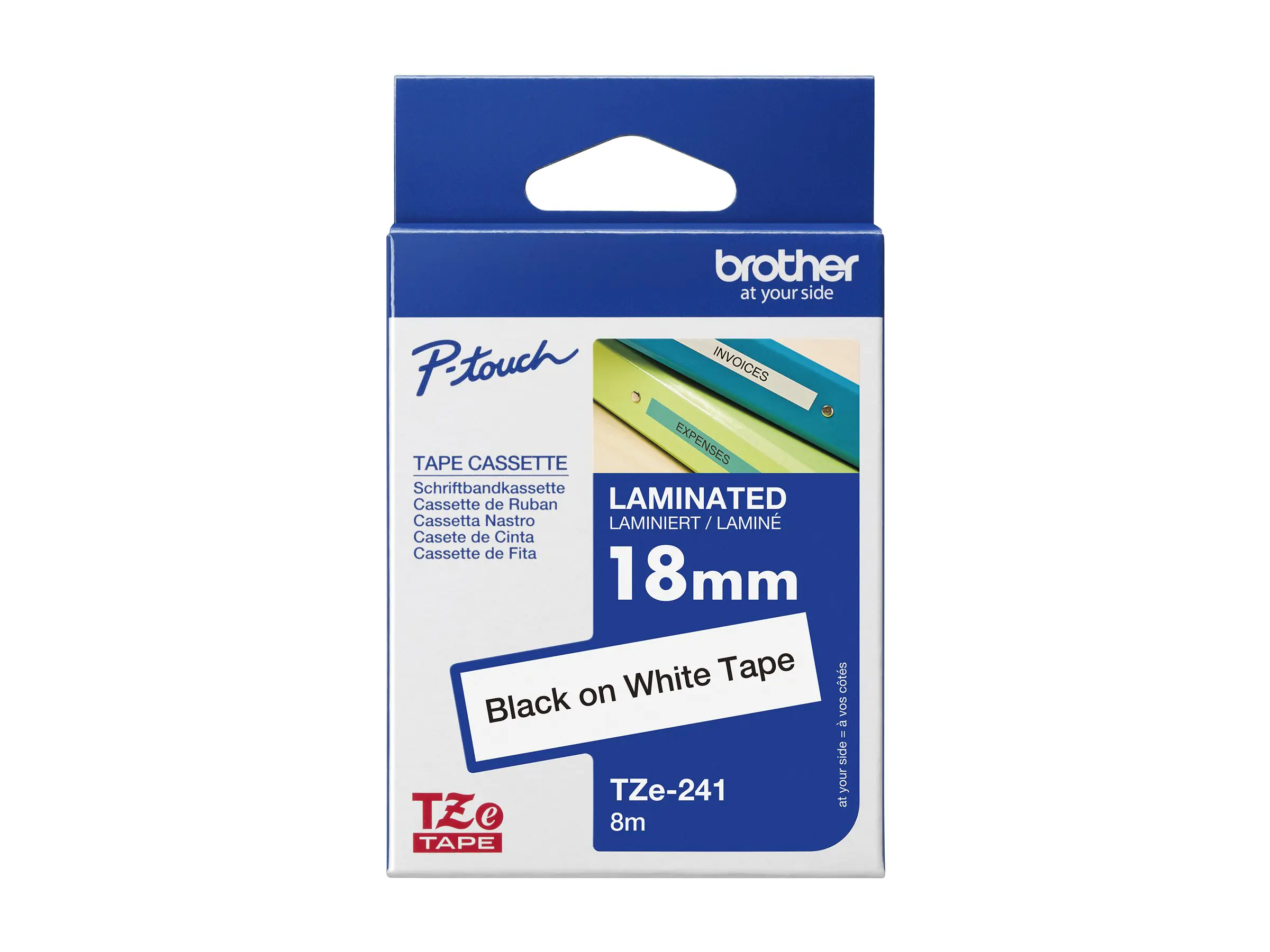 Brother TZe-241 - Standard-Klebstoff - Schwarz auf Weiß - Rolle (1,8 cm x 8 m) 1 Kassette(n) laminiertes Band - für Brother PT-P750; P-Touch PT-1880, D450, D460, D610, D800, E800, P900, P950