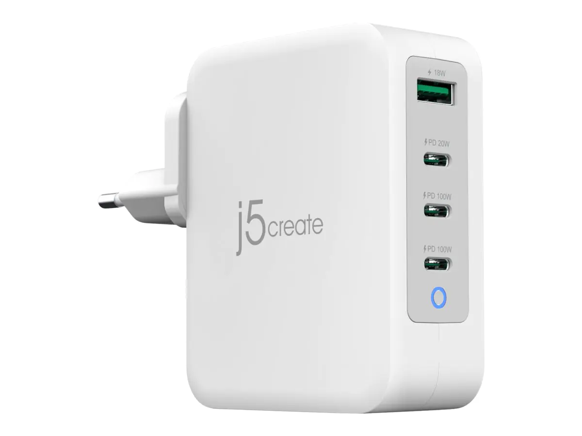 J5Create JUP43130E-EN - Netzteil - GaN - 130 Watt - 5 A - Huawei Fast Charge, PD 2.0, PD 3.0, QC 4.0, AFC, BC 1.2, Apple 2.4A - 4 Ausgabeanschlussstellen (USB Typ A, 3 x USB-C) - Weiß & Grau - Europäische Union