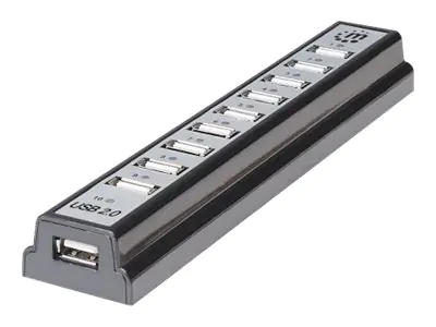 Manhattan USB-A 10-Port Desktop Hub, 10x USB-A Ports, 480 Mbps (USB 2.0), Bus or AC Power, Hi-Speed USB, Black, Three Year Warranty, Boxed - Hub - 10 x USB 2.0 - Desktop