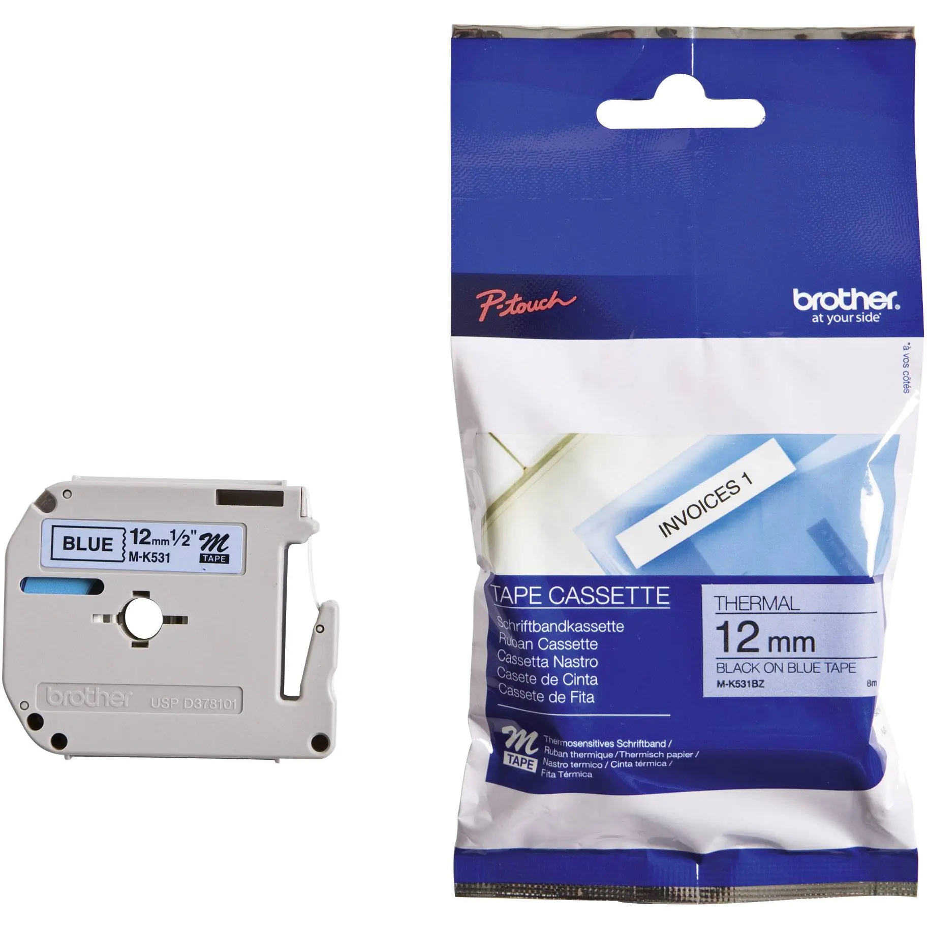 Brother MK531 - Schwarz auf Blau - Rolle (1,2 cm x 8 m) 1 Stck. Druckerband - für P-Touch PT-55, PT-65, PT-70, PT-80, PT-90, PT-BB4, PT-M95