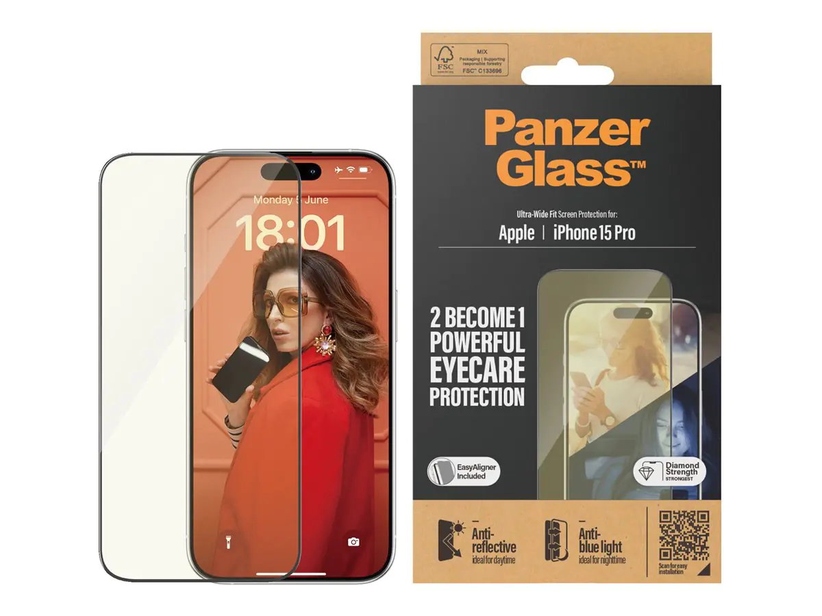 PanzerGlass - Bildschirmschutz für Handy - Augenschutz, ultraweiter Sitz mit EasyAligner - Glas - 6.1" - Rahmenfarbe schwarz - für Apple iPhone 15 Pro