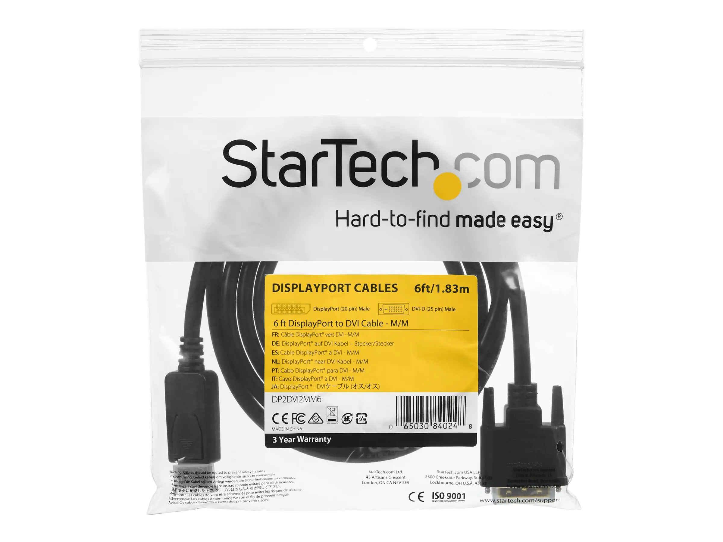 StarTech.com StarTech DisplayPort to DVI Cable - 6ft / 2m - 1920 x 1200 - M/M – DP to DVI Adapter Cable – Passive DisplayPort Monitor Cable (DP2DVI2MM6)