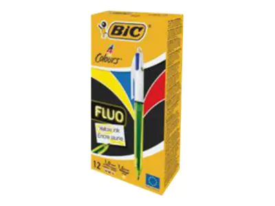 BIC 4 Colours FLUO - Vierfarb-Kugelschreiber - Schwarz, Rot, Blau, Gelb - 0.32 mm / 0.42 mm - Mittel / breit - verstellbar (Packung mit 12) 933948