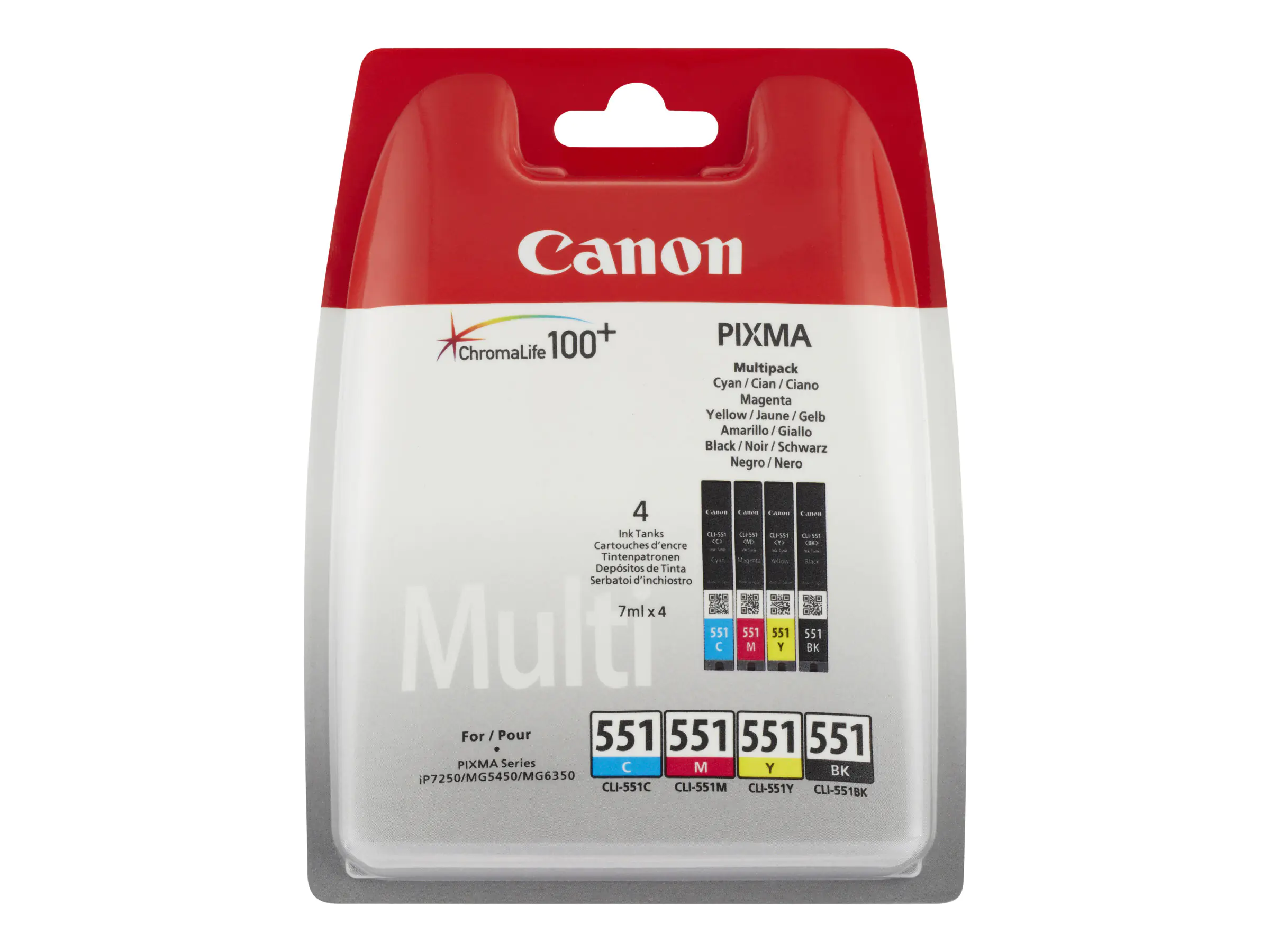 Canon CLI-551 C/M/Y/BK Multipack - 4er-Pack - Schwarz, Gelb, Cyan, Magenta - Original - Tintenbehälter - für PIXMA iP8750, iX6850, MG5550, MG5650, MG5655, MG6450, MG6650, MG7150, MG7550, MX725, MX925