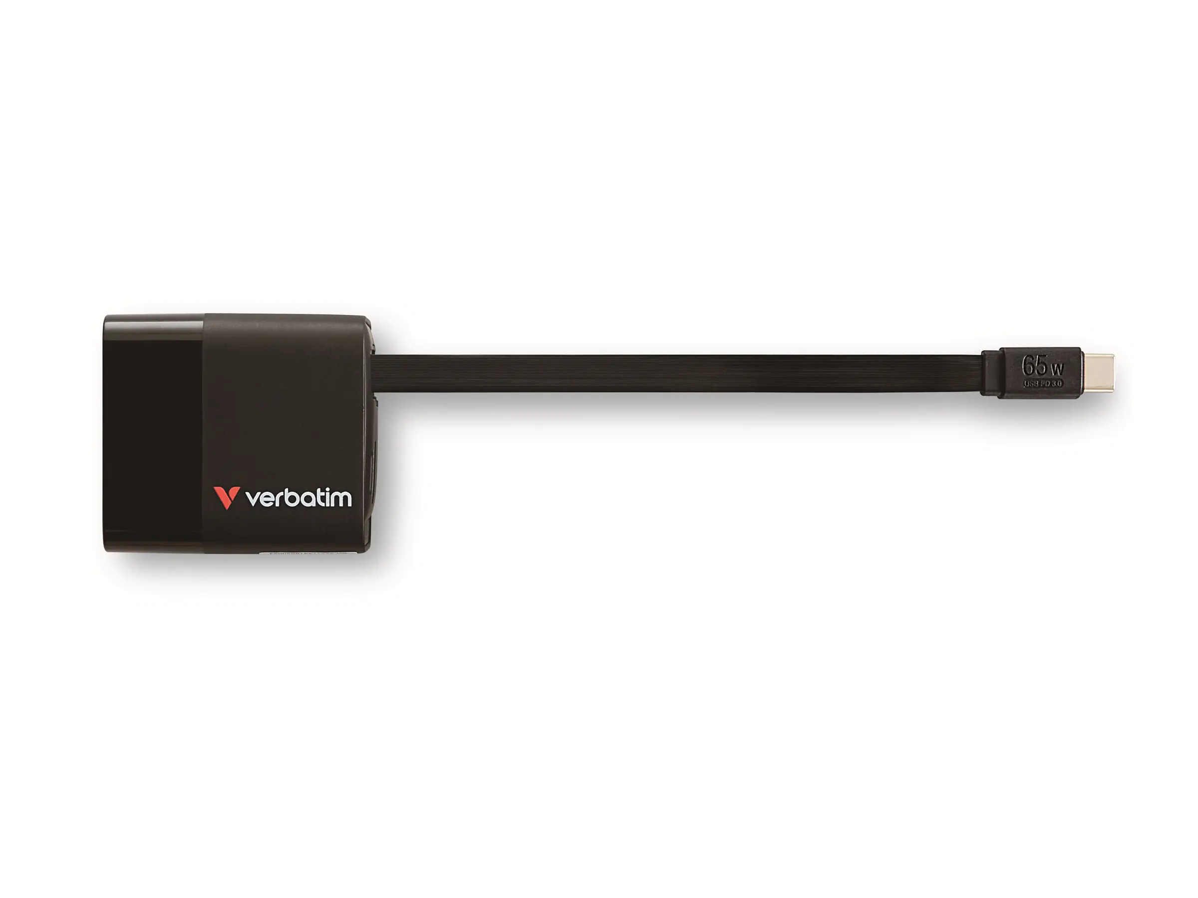Verbatim GaN Charger 65W Retractable Cable, 2x USB-C, 1x USB-A