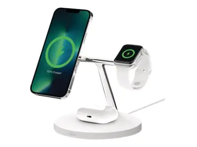 Belkin BoostCharge Pro - Kabelloses Ladegerät - mit MagSafe + AC-Netzteil - 15 Watt - Fast Charge - weiß - für Apple AirPods; AirPods Pro; iPhone 12, 13; Watch Series 4, Series 5, Series 6, Series 7