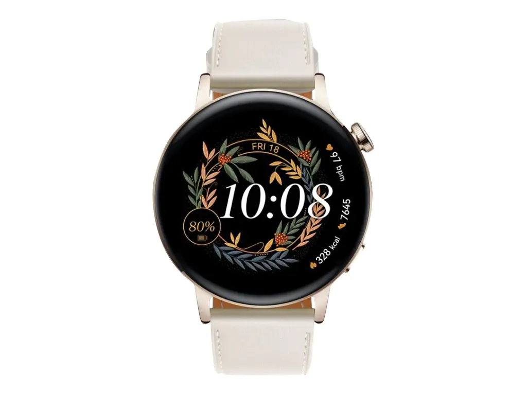 Huawei Watch GT 3 - Elegant Edition - 42 mm - Gold, Edelstahl - intelligente Uhr mit Riemen - Leder - weiß - Handgelenkgröße: 130-190 mm - Anzeige 3.4 cm (1.32") - 4 GB - Bluetooth - 35 g