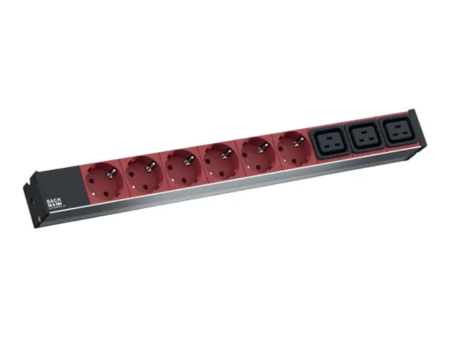 Bachmann - Stromverteilungseinheit (Rack - einbaufähig) - Wechselstrom 230 V - 1-phasig - Eingabe, Eingang IEC 60320 C20 - Ausgangsanschlüsse: 9 (3 x IEC 60320 C19, 6 x Leistungs-CEE 7/3) - 1U - 48.3 cm (19") - 2 m - Grau, Schwarz, Rot